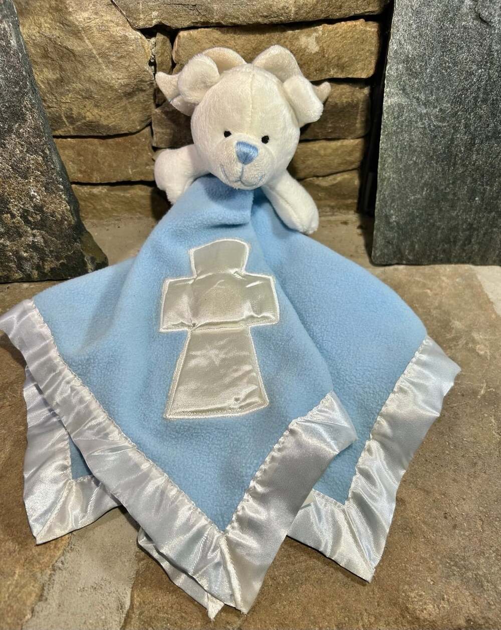 Baby Boom Blue Fleece White Angel Bear Cross Satin Edges Lovey Blankie 18"